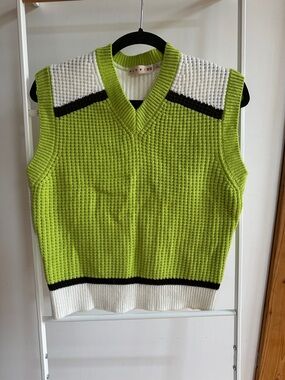 Marni Lime Green and White V-Neck Ribbed Knit Sweater